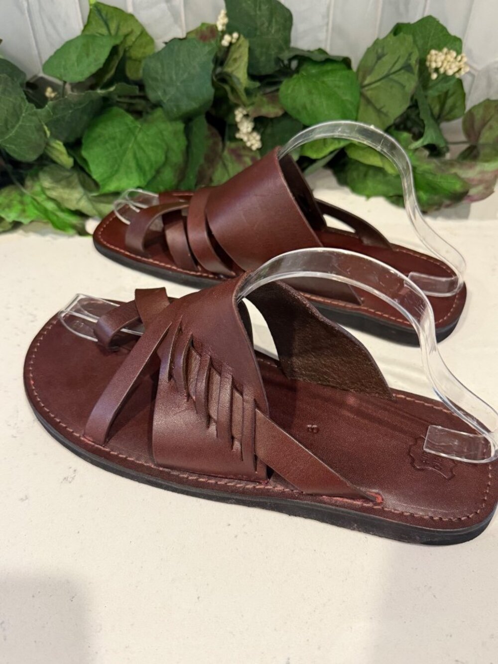 Handmade Brown Leather Sandals With Braided Strap Design For Men Size 8 - Picture 6 of 7